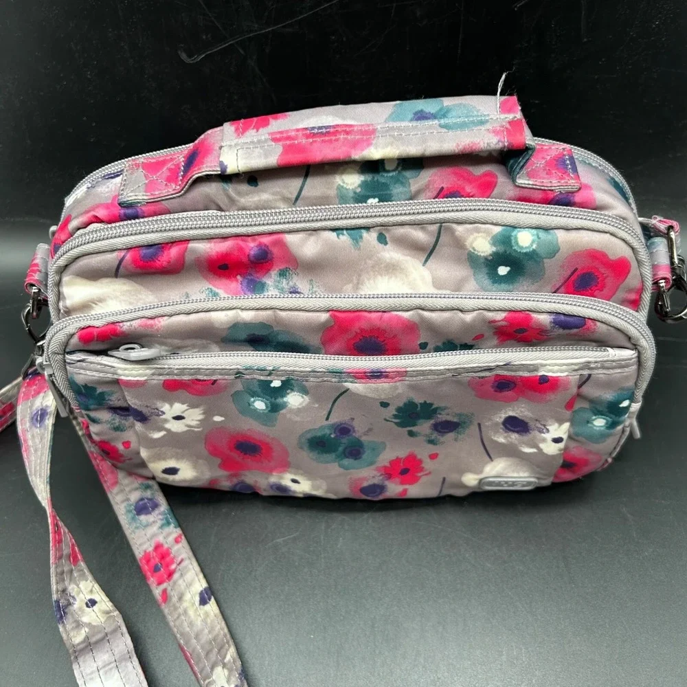 LUG‎ Scoop Crossbody Shoulder Bag Purse Watercolor Grey Pink Teal Flower